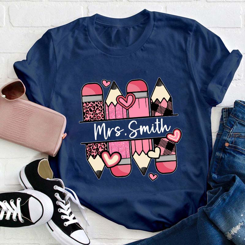 Personalized Name Pink Pencil Teacher T-Shirt