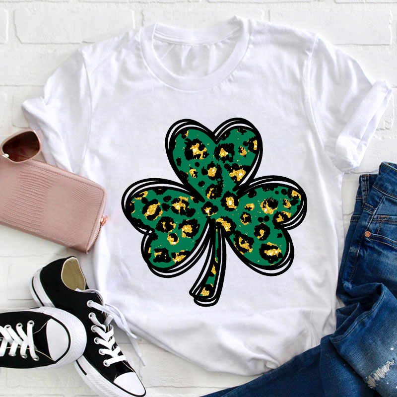 Leopard Glitter Shamrock Teacher T-Shirt