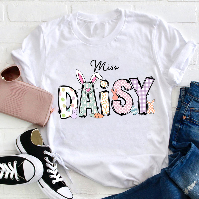 Personalized Name Cute Easter Bunny Teacher T-Shirt Sale-Teachersgram