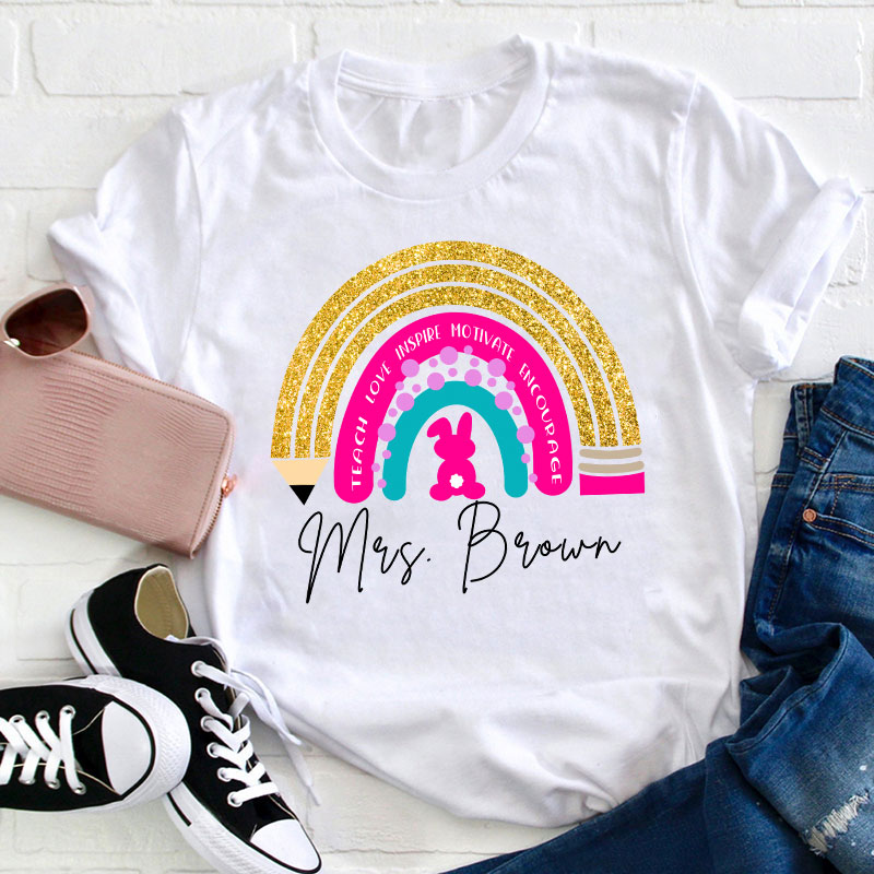 Personalized Name Easter Bunny Rainbow Teacher T-Shirt Sale-Teachersgram