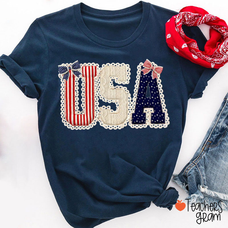 USA Faux Patchwork Lace Teacher T-Shirt