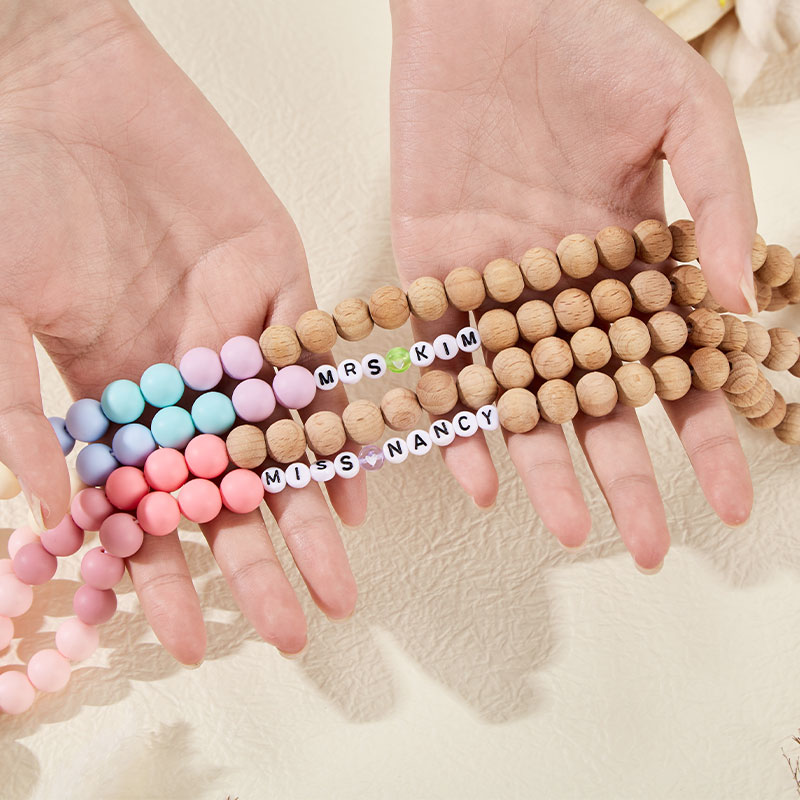 Personalized Name Multicolor Wooden Beads Teacher Lanyard