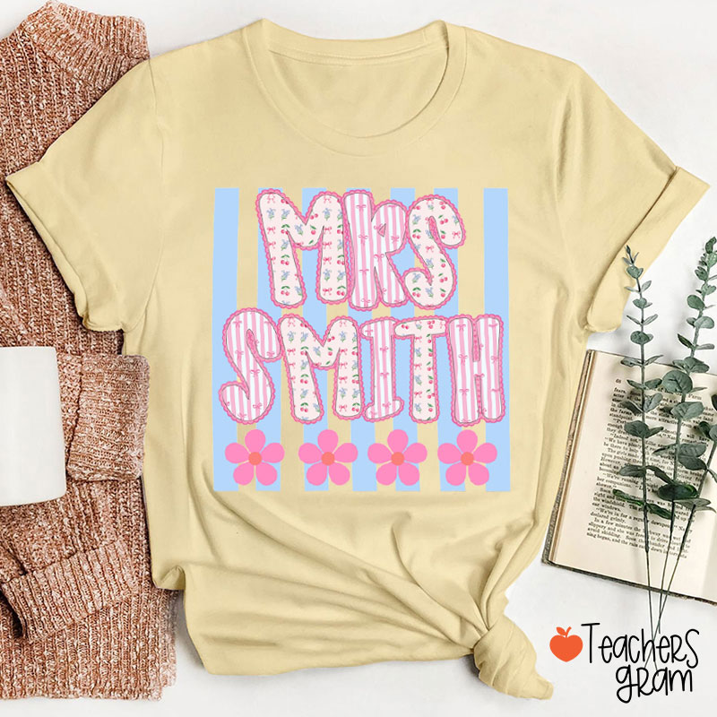 Personalized Grade Cherry Bow Floral Stripes Teacher T-Shirt