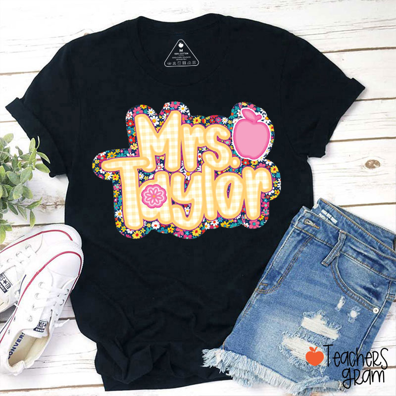 Personalized Name Floral Checkered Teacher T-Shirt