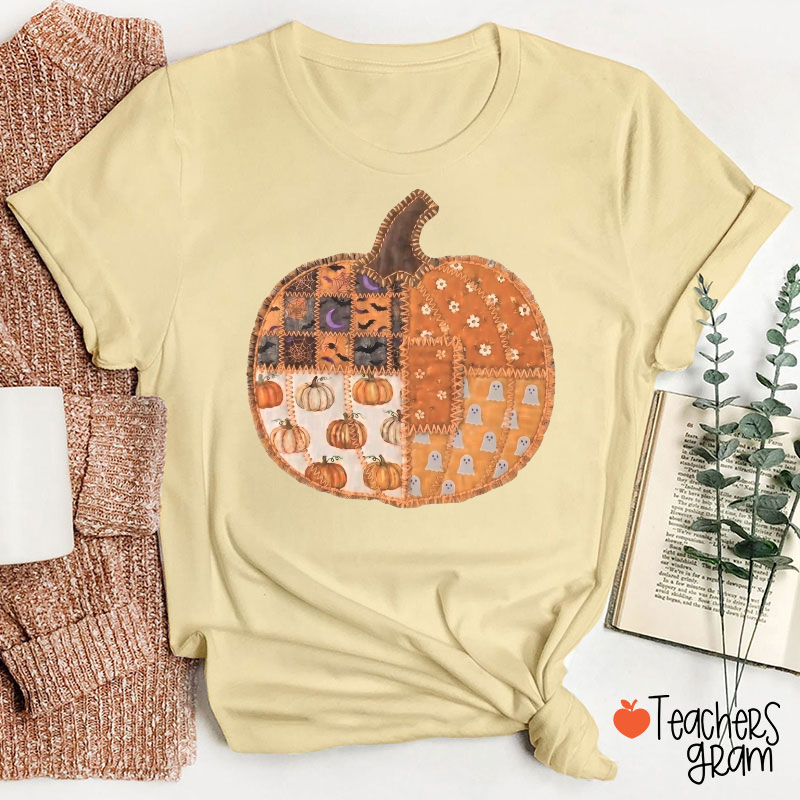 Patchwork Quilt Style Fall Pumpkin Ghost Teacher T‑Shirt