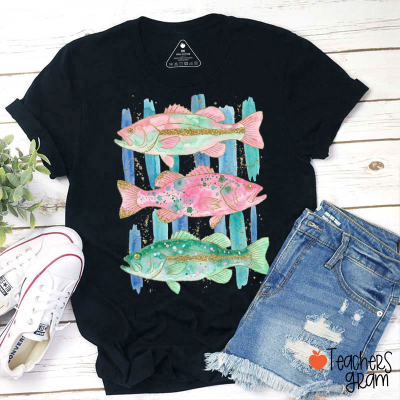 Watercolor Glitter Bass Fish Teacher T-Shirt