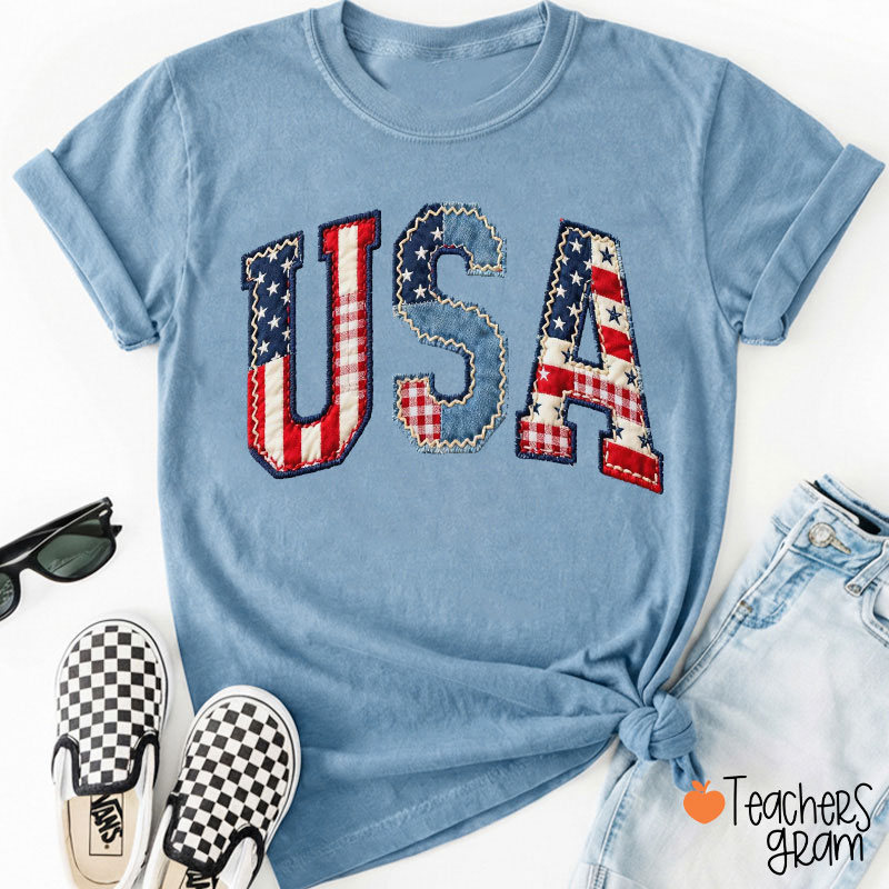 Faux Patchwork USA Teacher T-Shirt