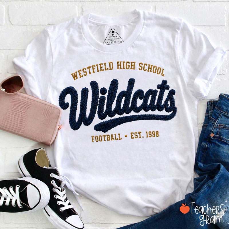 Personalized School Name Mascot Vintage Varsity Faux Yarn Teacher T‑Shirt