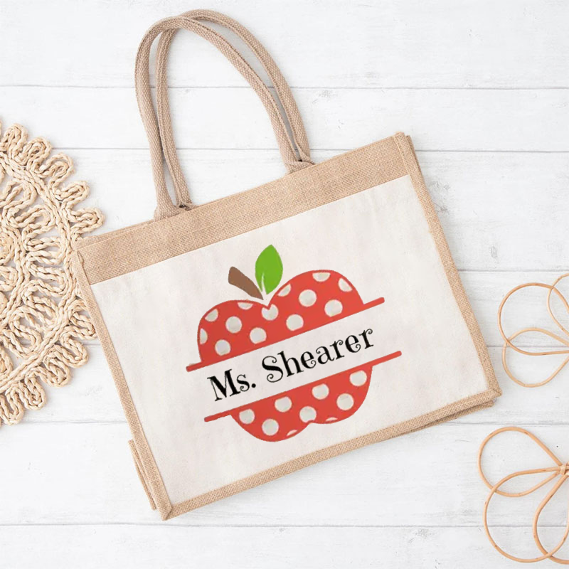 Personalized Name Apple Polka Dot Teacher Jute Lunch Bag