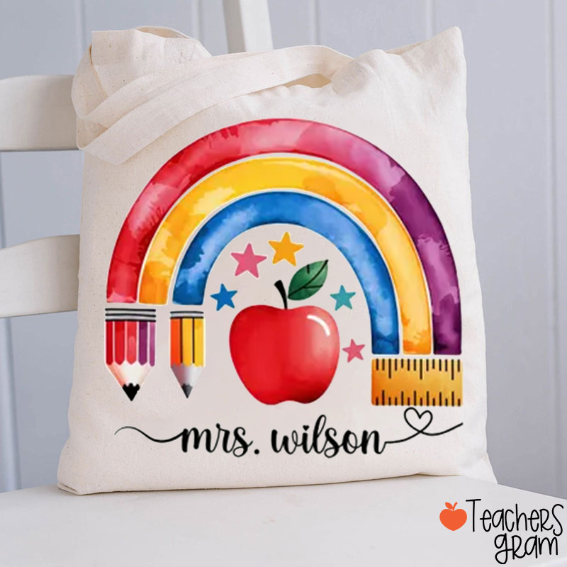 Personalized Pencil Apple Rainbow Teacher Tote Bag