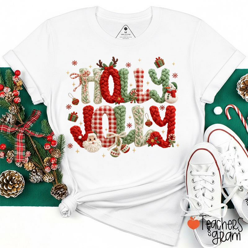 Faux Yarn Holly Jolly Christmas Teacher T-Shirt