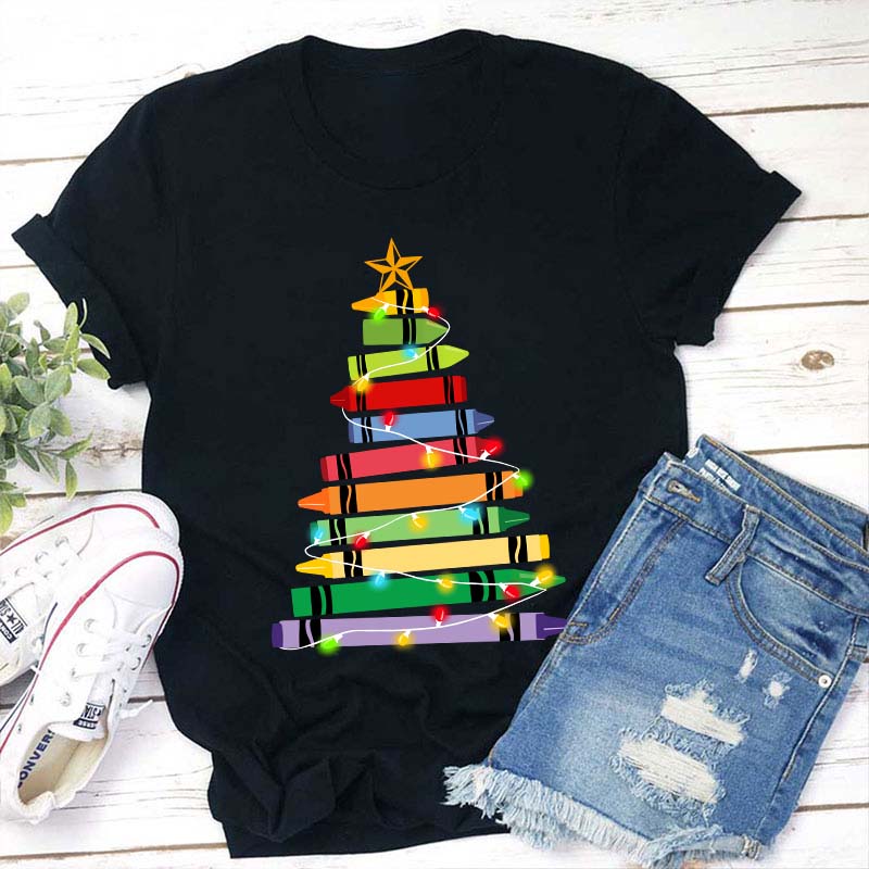 Crayons Tree Colored Lights Teacher T-Shirt