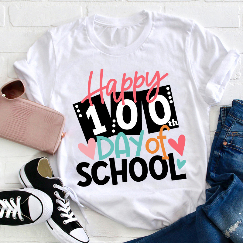 Happy 100th Day Of School Cards Teacher T-Shirt Sale-Teachersgram
