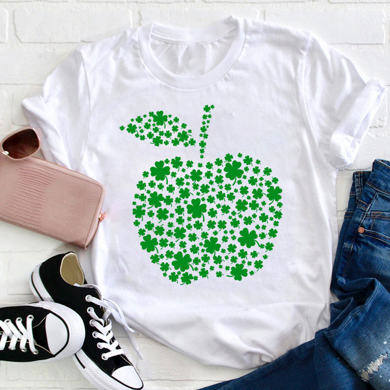 St Patrick Shamrock Apple Teacher T-Shirt