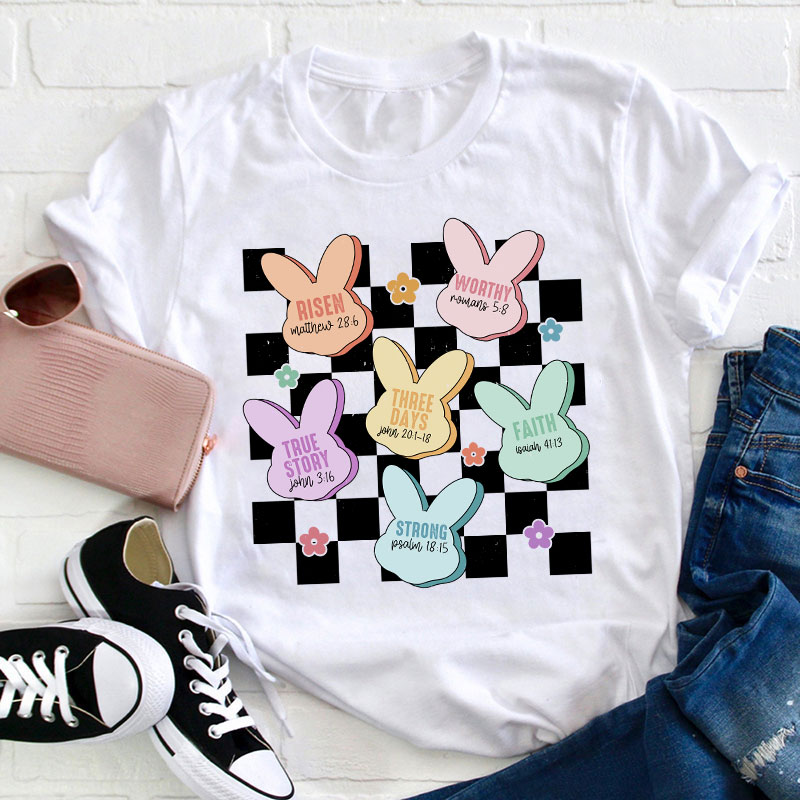 Bunny Bible Verses Checkered Teacher T-Shirt Sale-Teachersgram