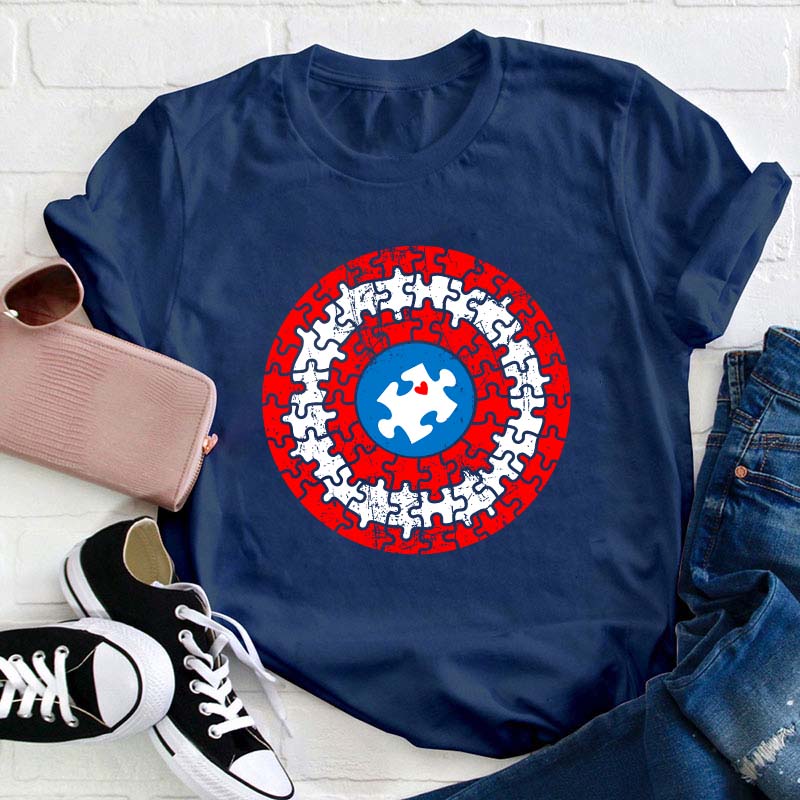 Superhero Shield Autism Puzzle Teacher T-Shirt