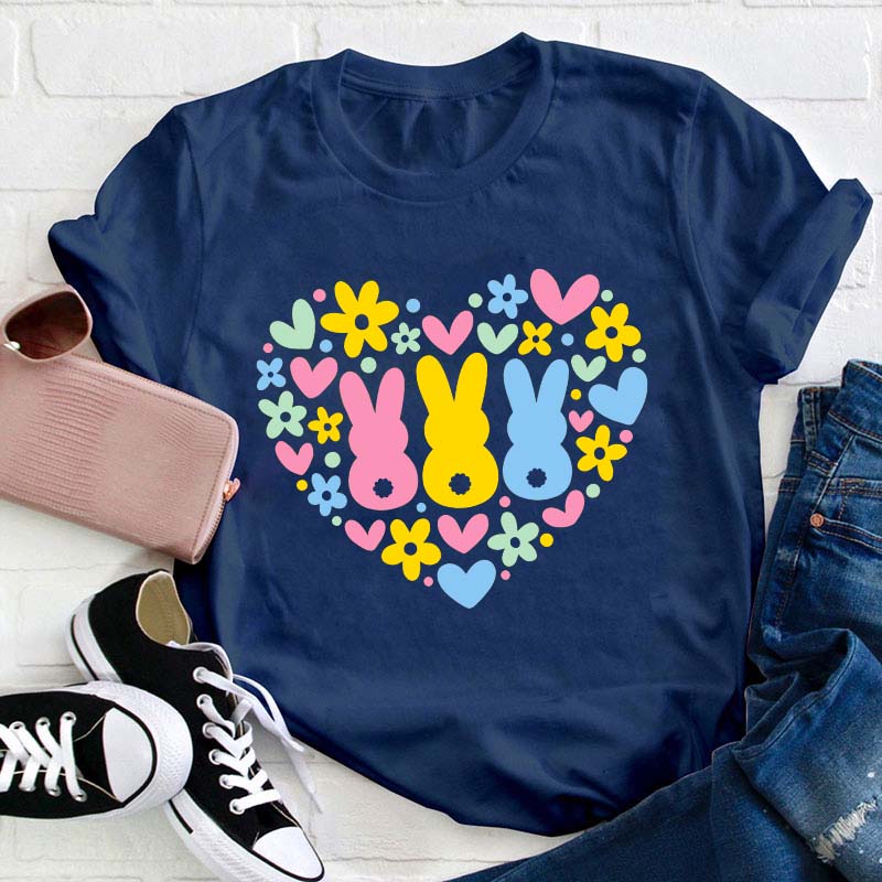 Floral Bunnies Heart Teacher T-Shirt