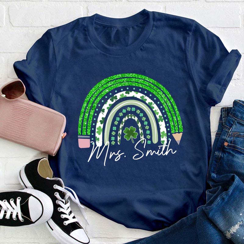 Personalized Green Rainbow Pencil Name Teacher T-Shirt