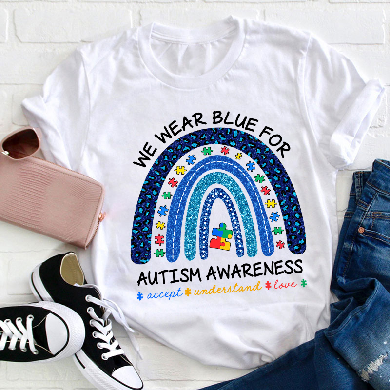We Wear Blue For Autism Awareness Teacher T-Shirt Sale-Teachersgram