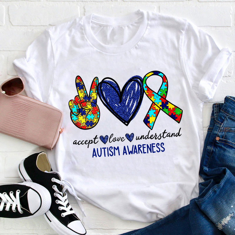 Teach Accept Understand Love Autism Awareness Teacher T-Shirt Sale-Teachersgram