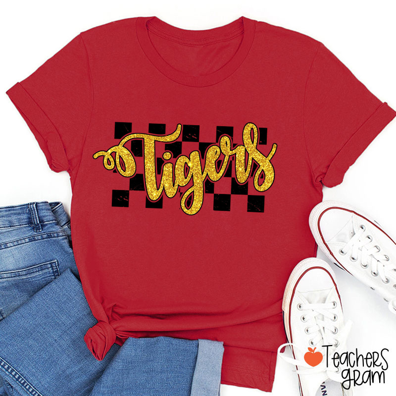 Personalized Mascot Checkered Glitter School Spirit Teacher T-Shirt