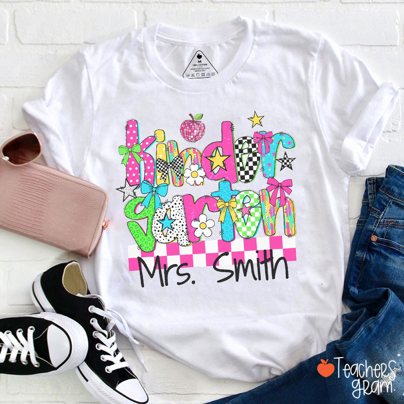 Personalized Name And Grade Flower And Checkered Teacher T-Shirt
