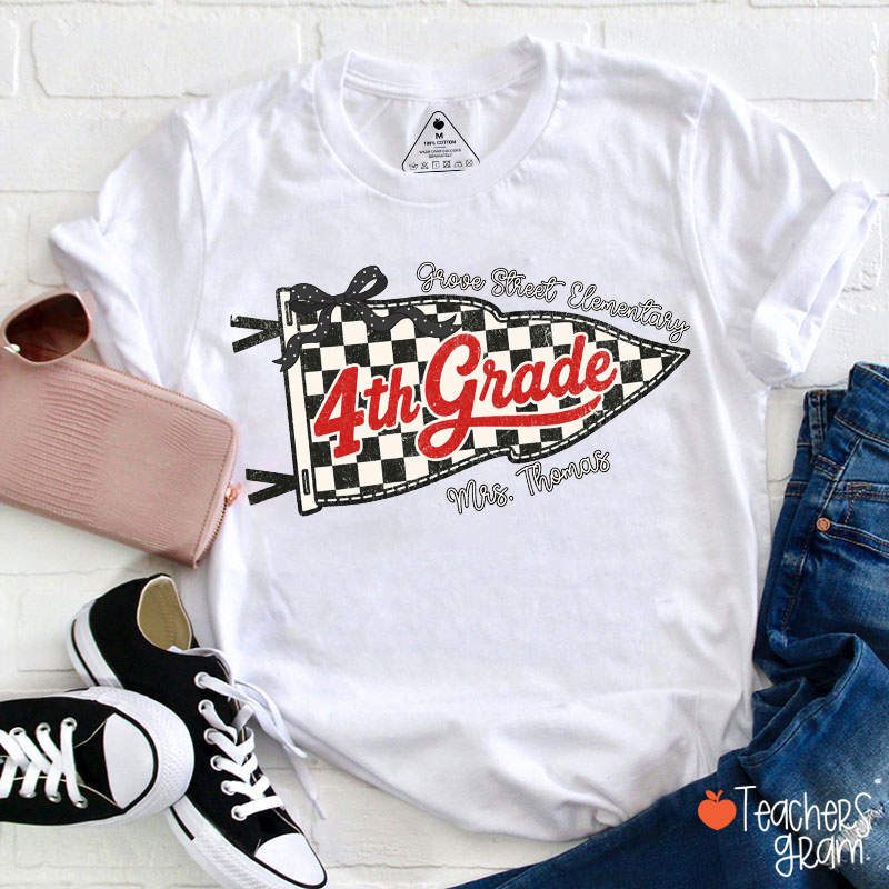 Personalized Grade Name Checkered Flag Bow Teacher T‑Shirt