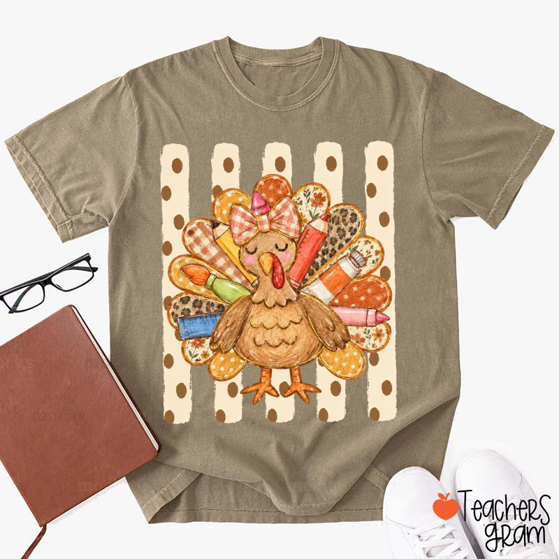 Crafty Thanksgiving Polka Dot And Striped Turkey Teacher T-Shirt