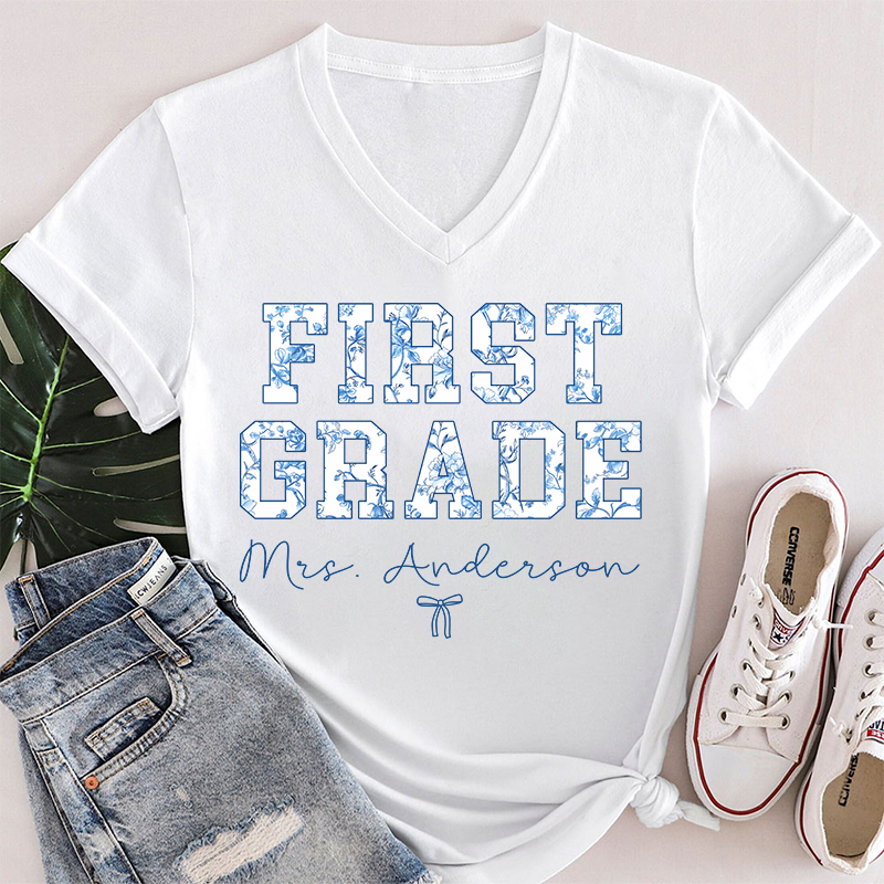 TS29701 Personalized Name And Grade Trendy Teacher Female V-Neck T-Shirt
