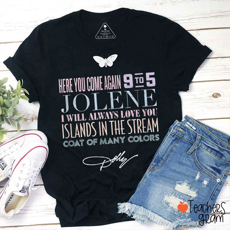 Dolly Parton Classic Song List Butterfly Signature Teacher T‑Shirt