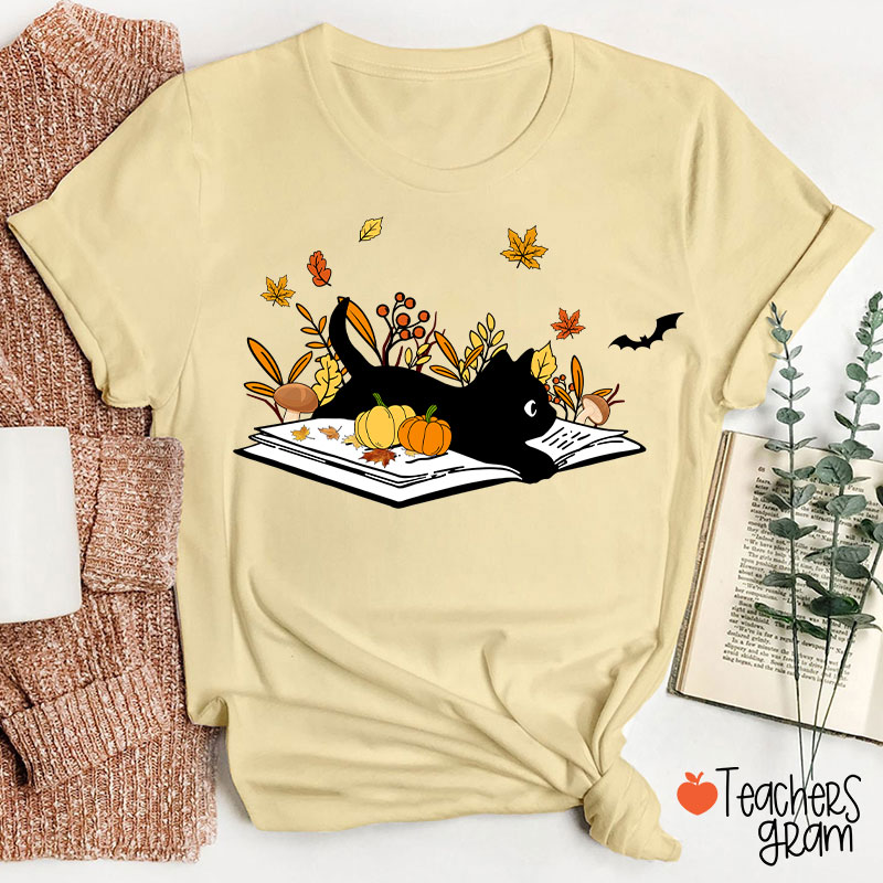 Black Cat With Book Teacher T-Shirt