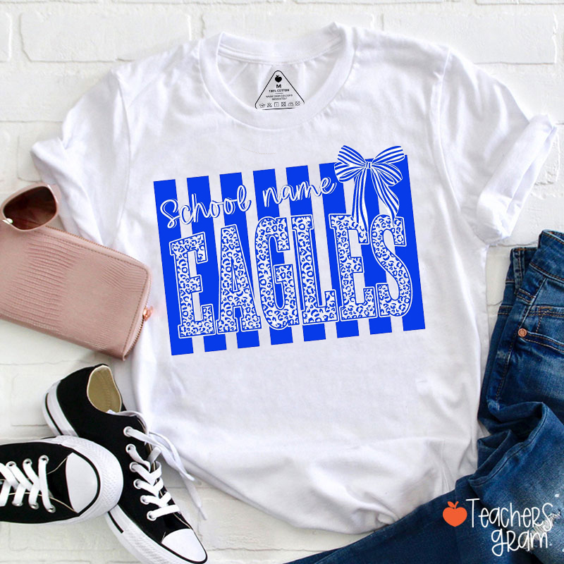 Personalized High School Mascot Striped Coquette Bow Teacher T-Shirt