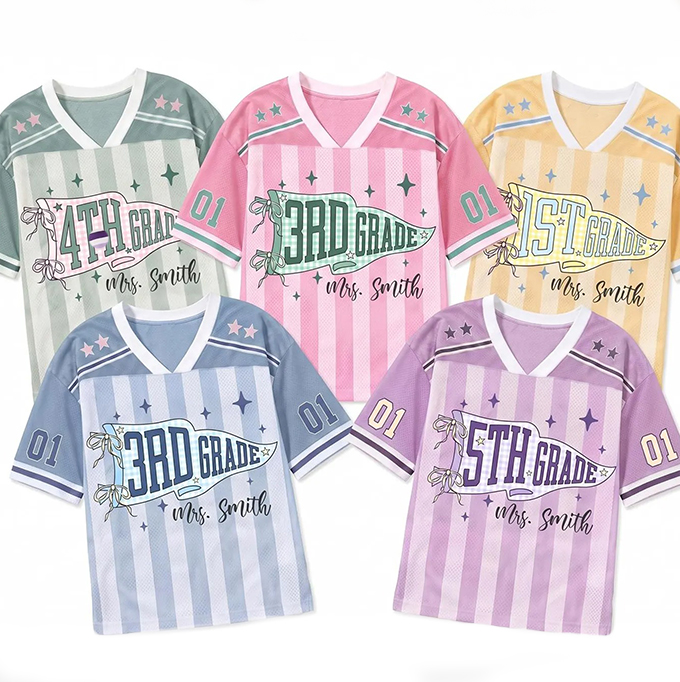 Personalized Grade And Name Striped Pennant Bow Star Teacher Mesh Jersey