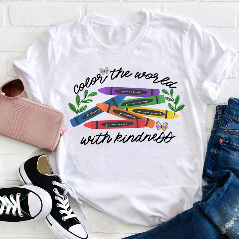 Crayon Color The World With Kindness Teacher T-Shirt