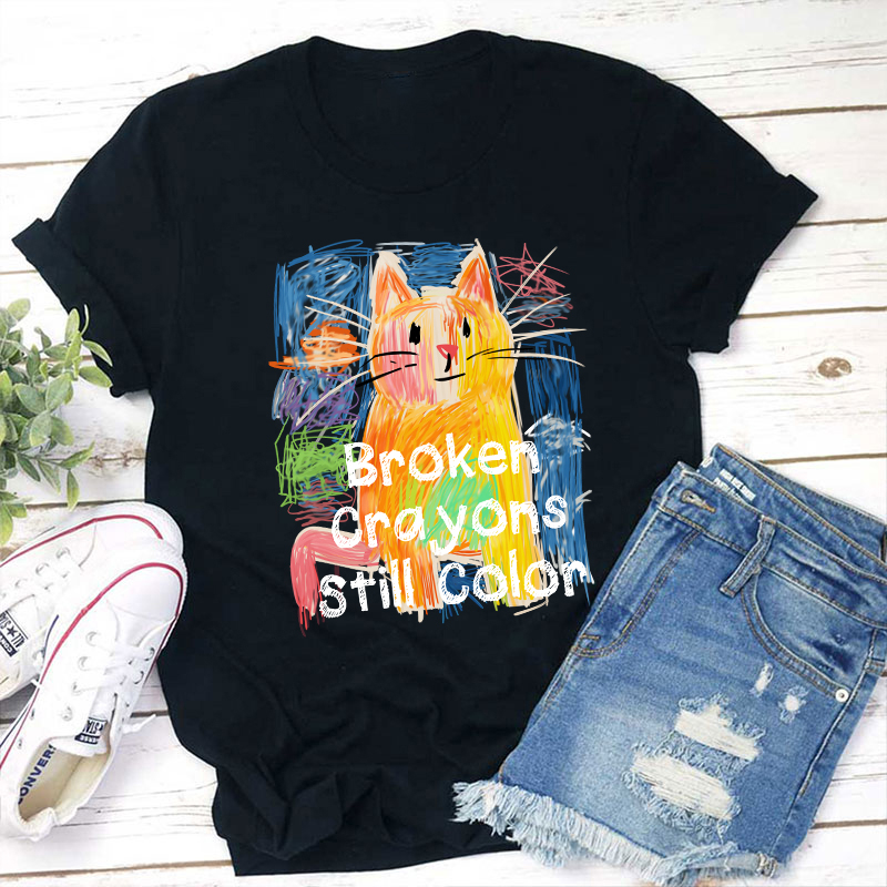 Broken Crayons Still Color Cat Teacher T-Shirt Sale-Teachersgram