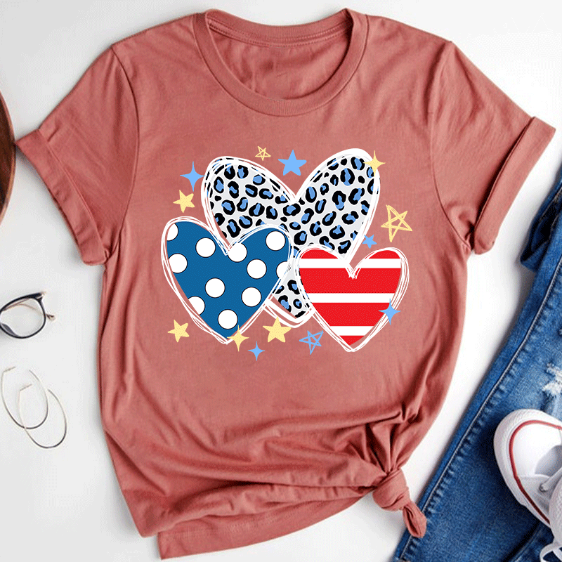American Hearts Leopard Print Teacher T-Shirt