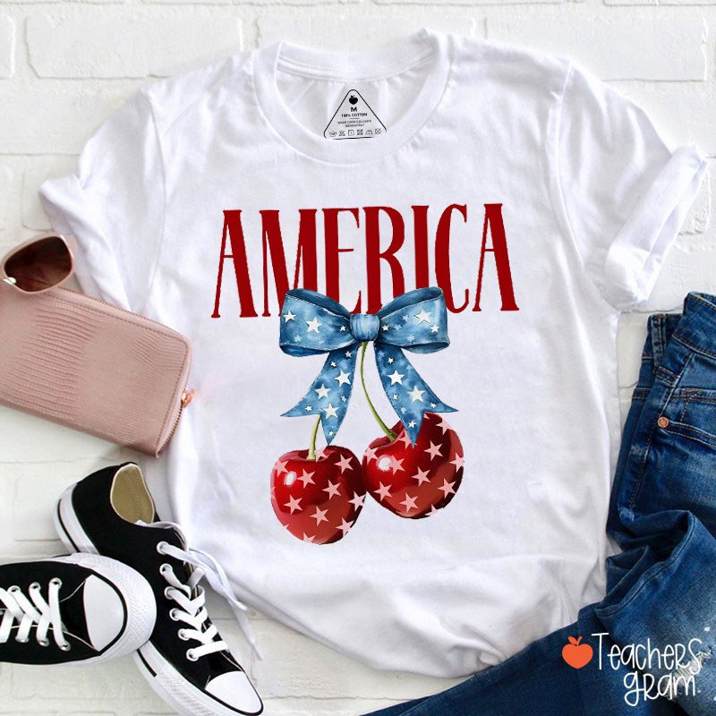 American Cherries Bow Teacher T-Shirt