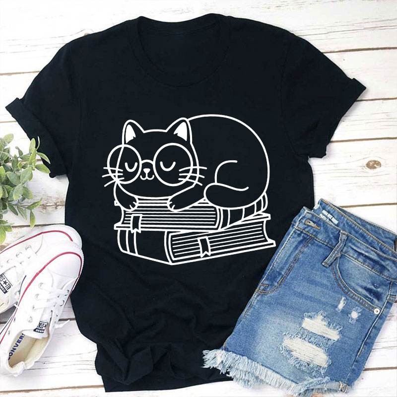 Cute Cat On The Book Teacher T-Shirt Sale-Teachersgram