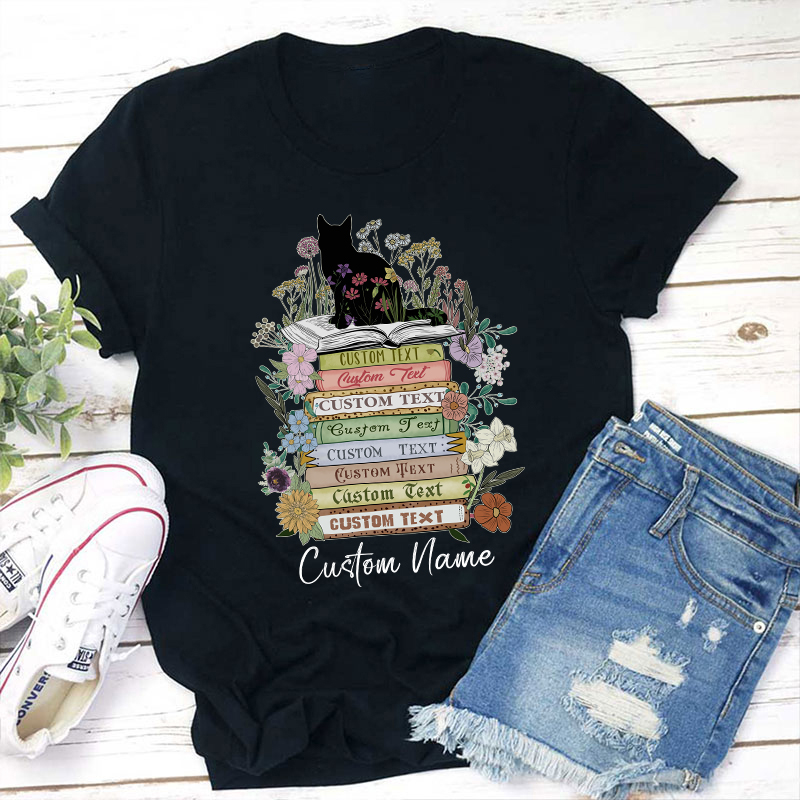 Personalized Vintage Floral Cat Books Teacher T-Shirt