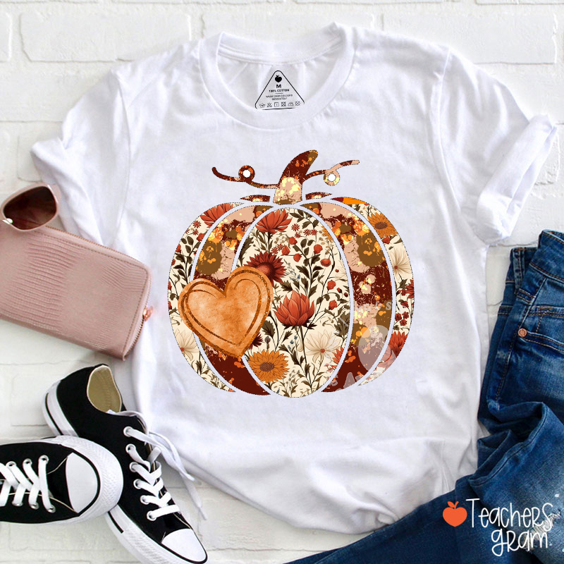 Floral Heart Pumpkin Teacher T-Shirt