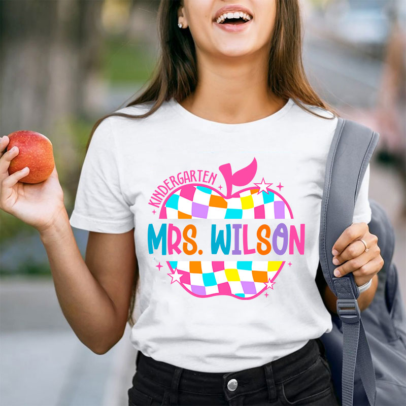 Personalized Colorful Checkerboard Hollow Apple Teacher T-Shirt