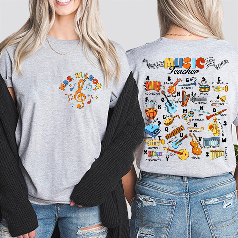 Personalized Music Teacher's Name Musical Instrument Icons Teacher Two Sided T-Shirt