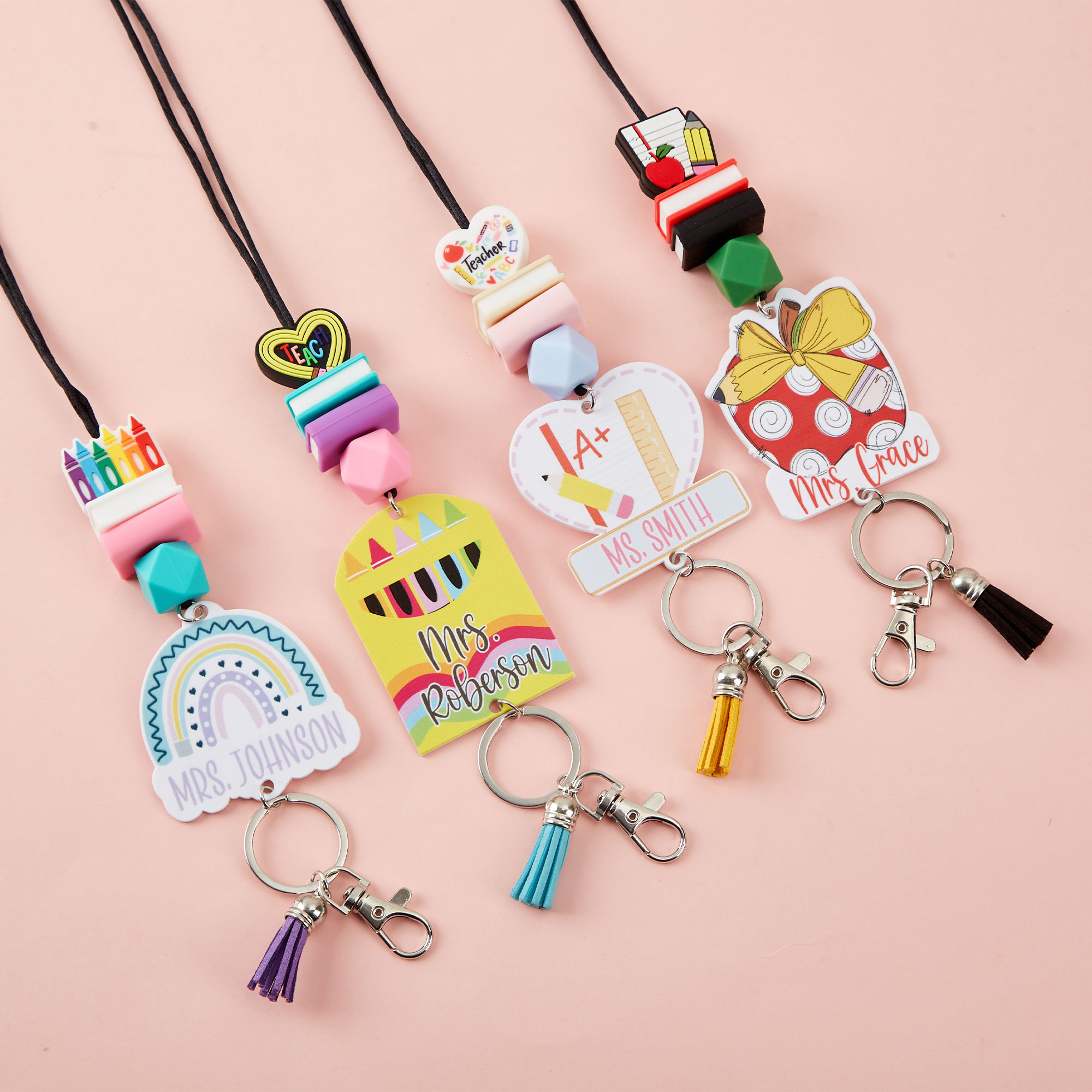 Personalized Name Colorful Books Rainbow Pencil Teacher Lanyard