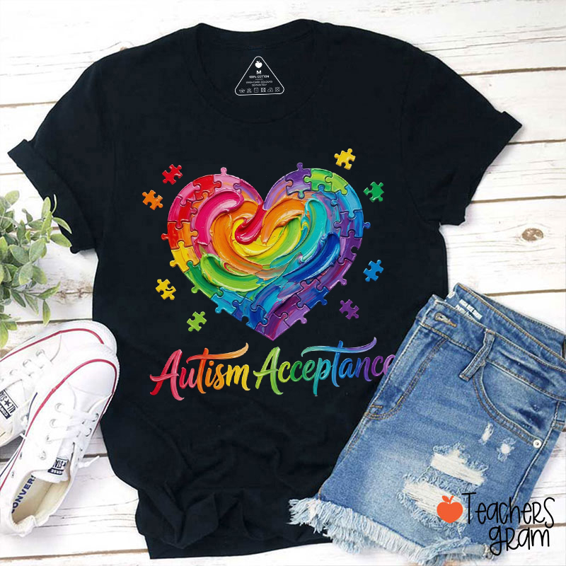 Rainbow Puzzle Autism Acceptance Teacher T-Shirt