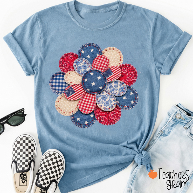 Faux Patchwork American Flag Flower Teacher T-Shirt