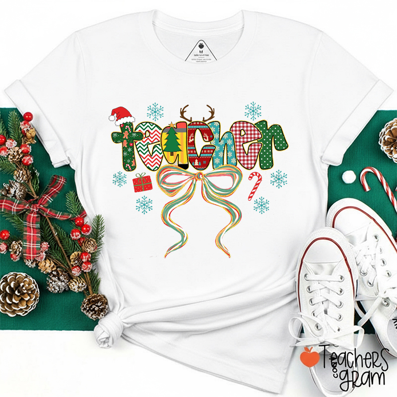 Coquette Bow Christmas Teacher T-Shirt
