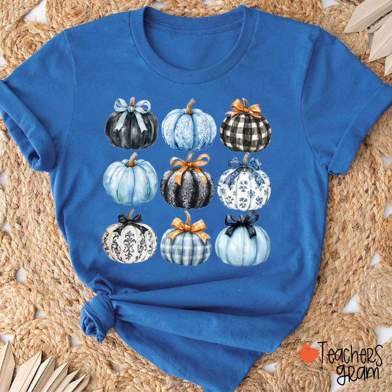 Blue Bow Pumpkin Teacher T-Shirt