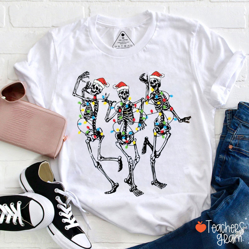 Dancing Skeleton With Santa Hat Teacher T-Shirt