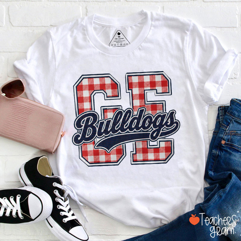 Personalized School Mascot Gingham Varsity Letter Teacher T-Shirt