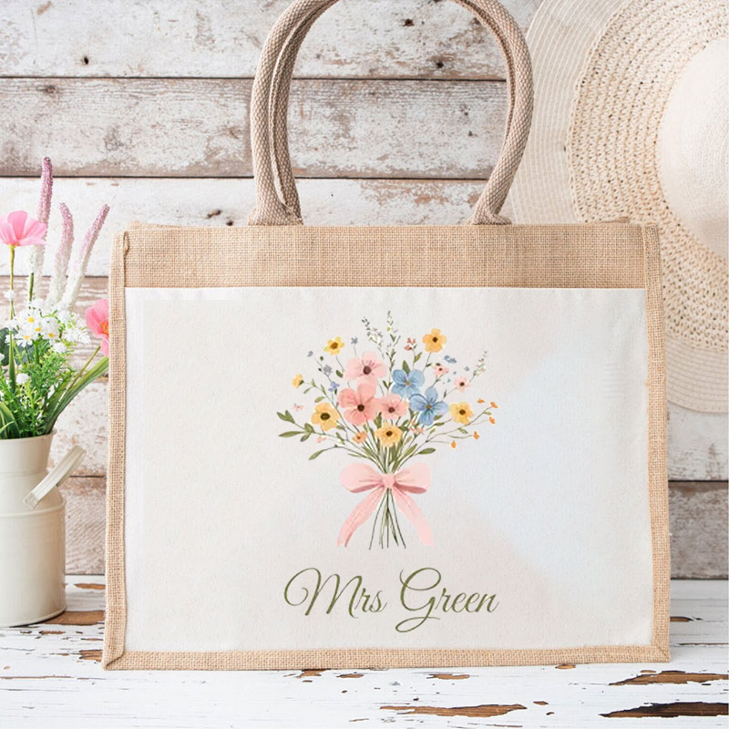 Personalized Name And Bouquet Teacher Jute Lunch Bag